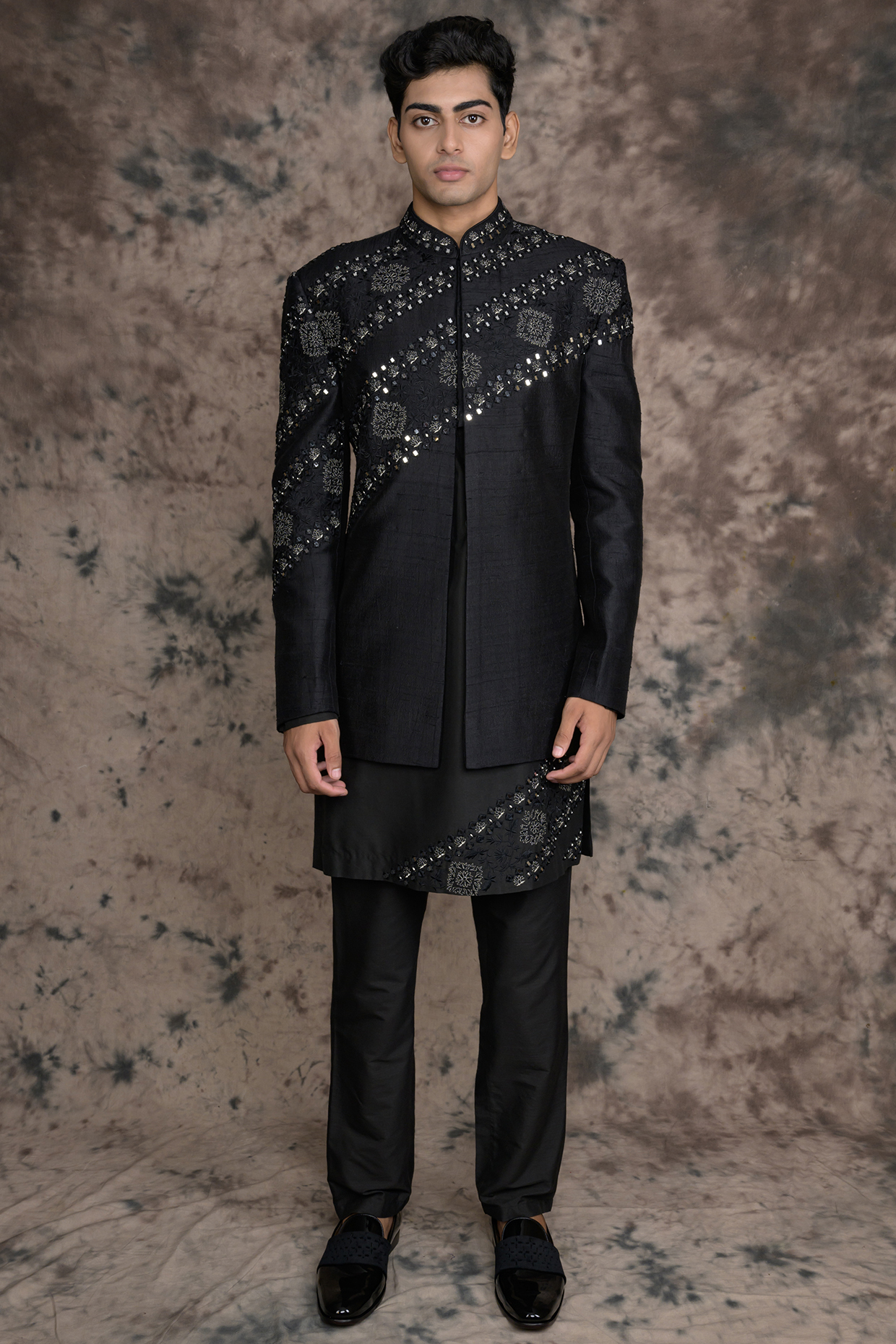 Black Raw Silk Embroidered Indowestern Set by THE BLUES