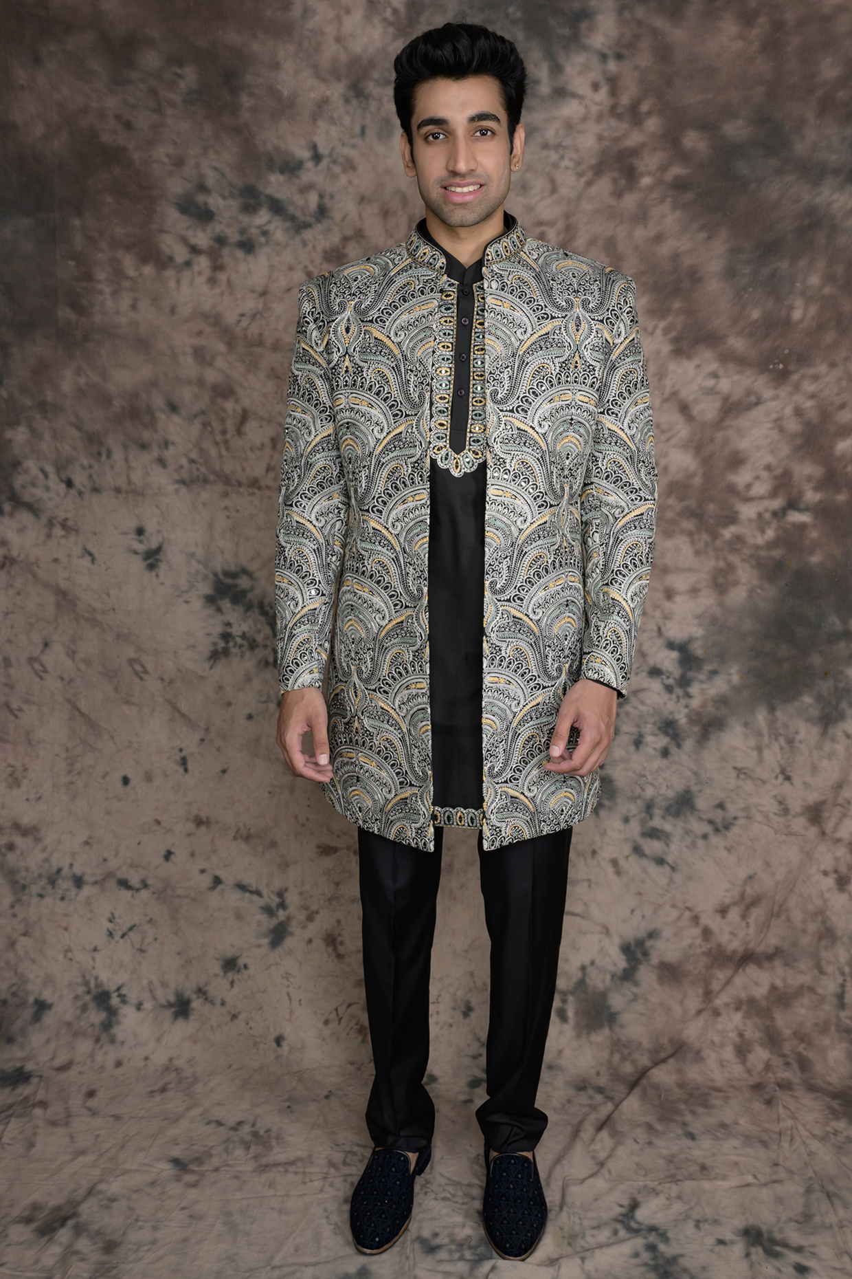 Multi-Colored Raw Silk Embroidered Indowestern Set by THE BLUES