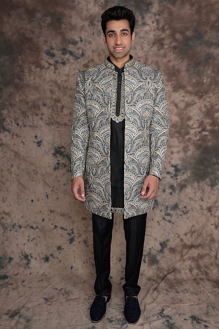 Multi-Colored Raw Silk Embroidered Indowestern Set by THE BLUES