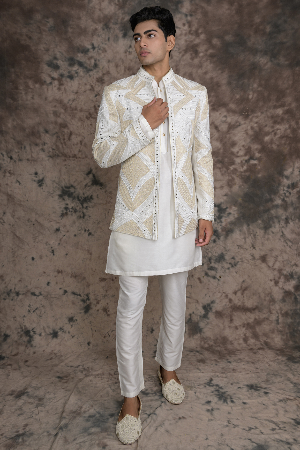 White Cotton Silk Embroidered Indowestern Set by THE BLUES