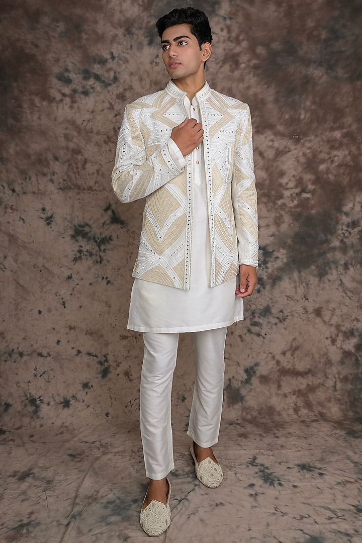 White Cotton Silk Embroidered Indowestern Set by THE BLUES
