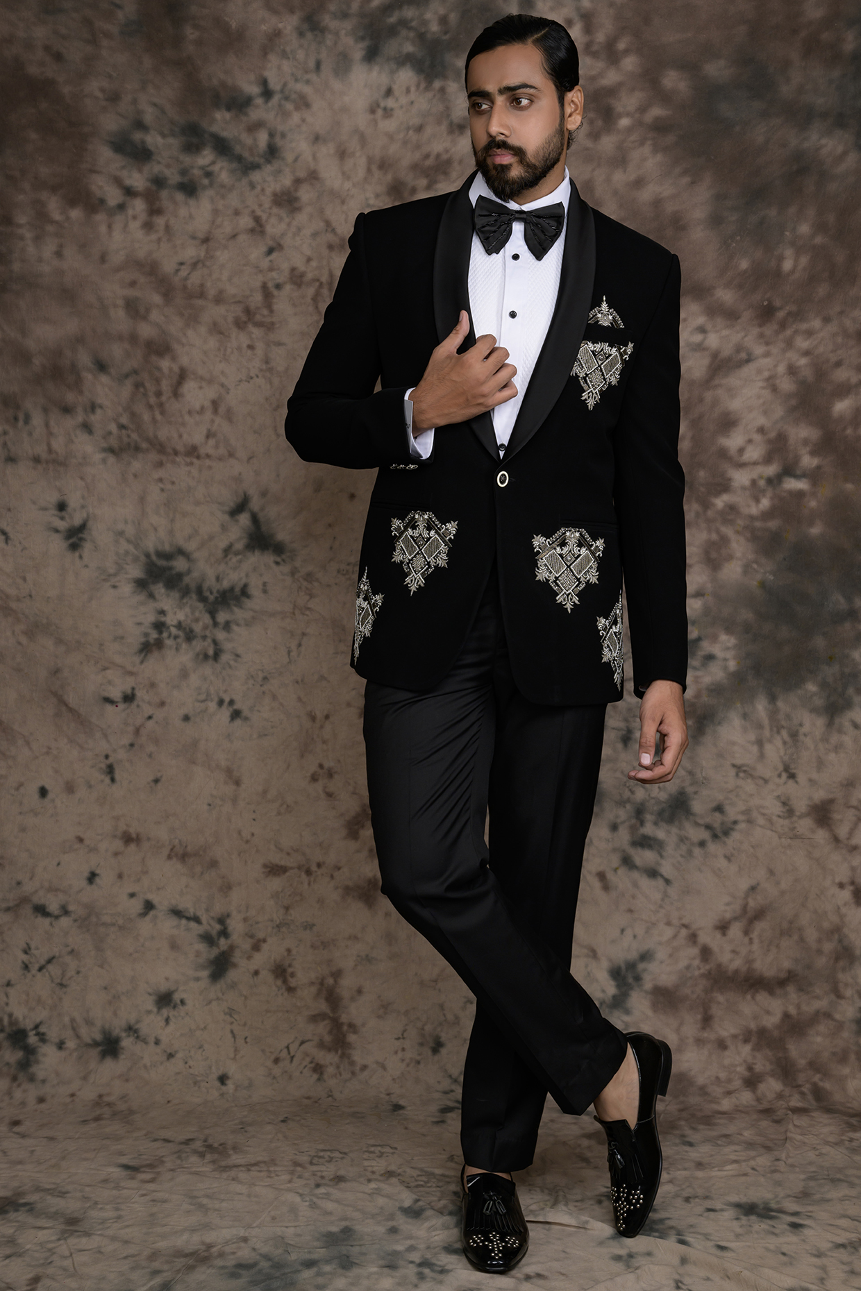 Black Japanese Fabric Embroidered Tuxedo Set by THE BLUES