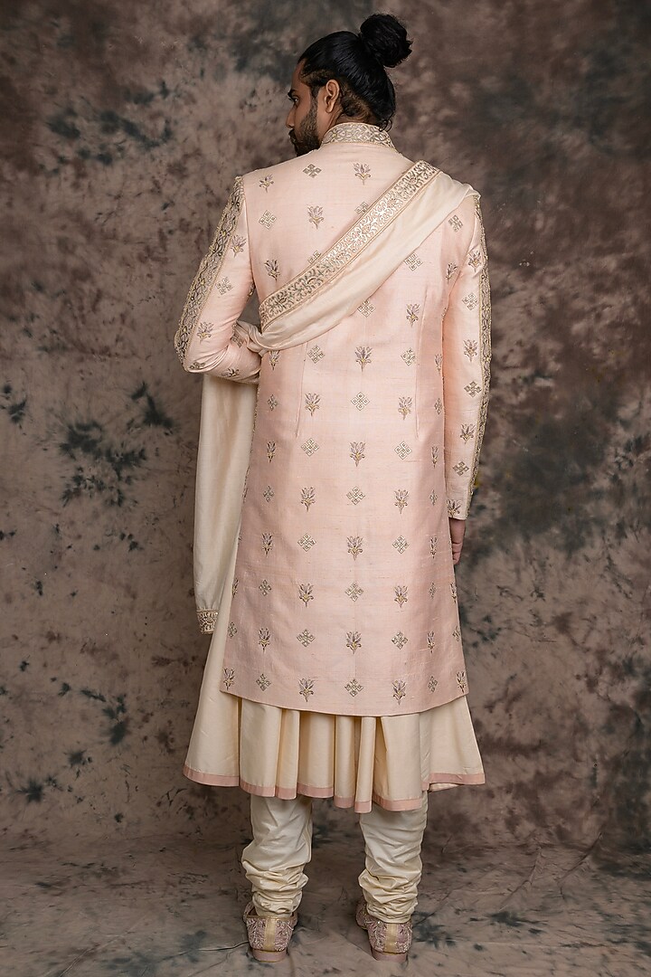 Peach Raw Silk Embroidered Groom Sherwani Set by THE BLUES at Pernia's Pop Up Shop