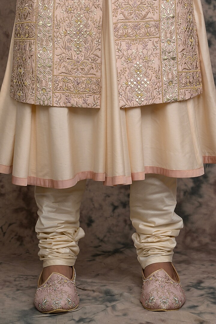 Peach Raw Silk Embroidered Groom Sherwani Set by THE BLUES at Pernia's Pop Up Shop