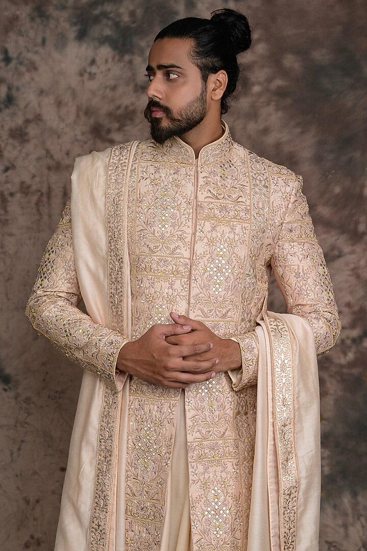 Peach Raw Silk Embroidered Groom Sherwani Set by THE BLUES at Pernia's Pop Up Shop