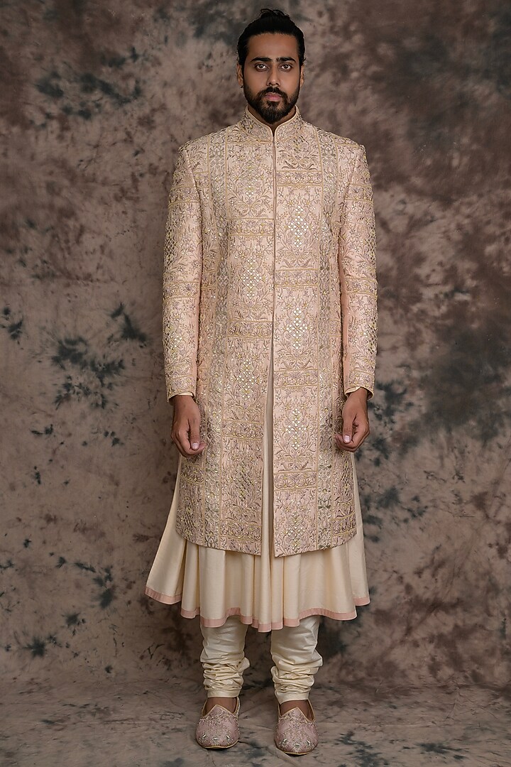 Peach Raw Silk Embroidered Groom Sherwani Set by THE BLUES at Pernia's Pop Up Shop