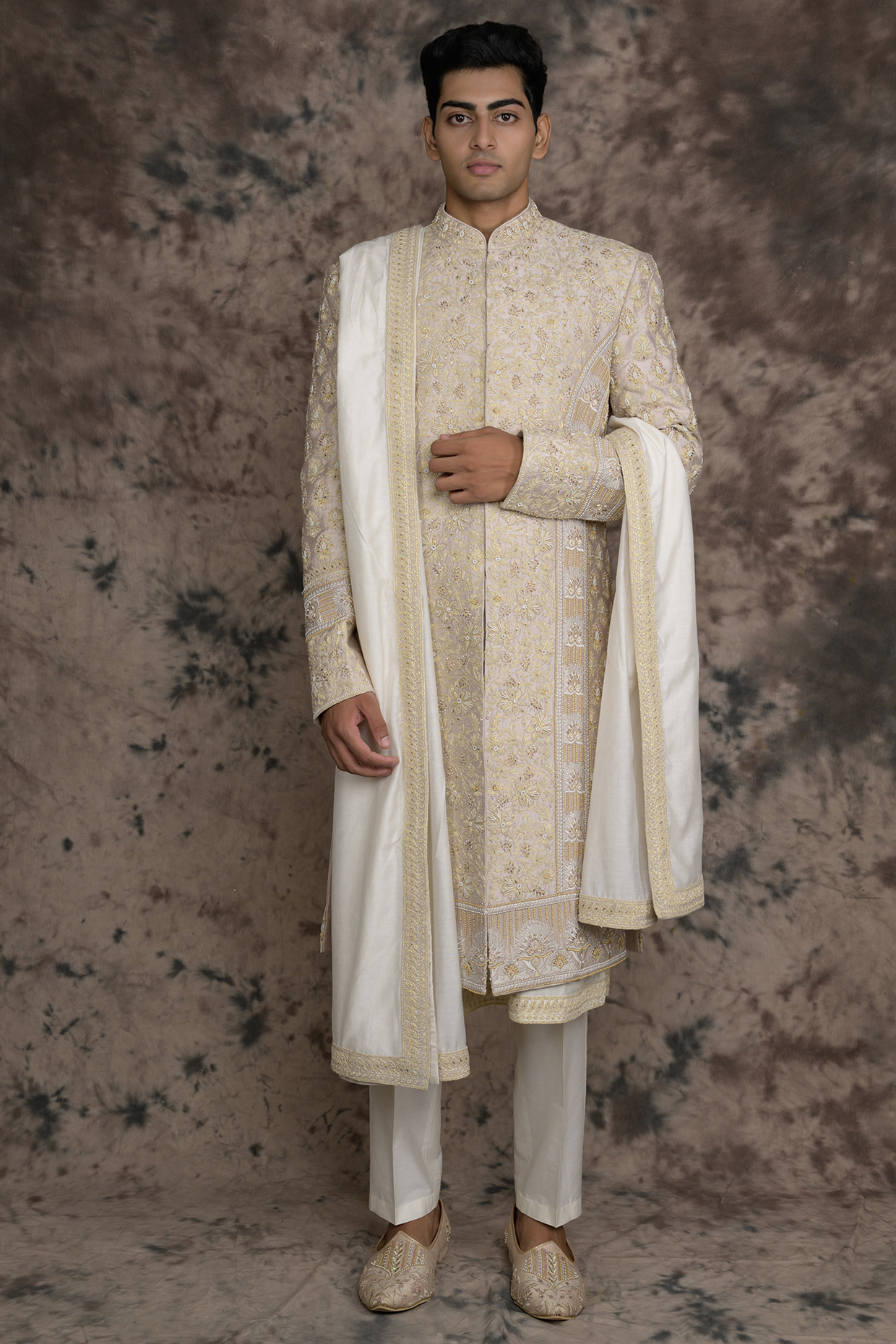 Peach Raw Silk Embroidered Sherwani Set by THE BLUES