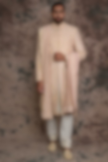 Peach Raw Silk Embroidered Sherwani Set by THE BLUES