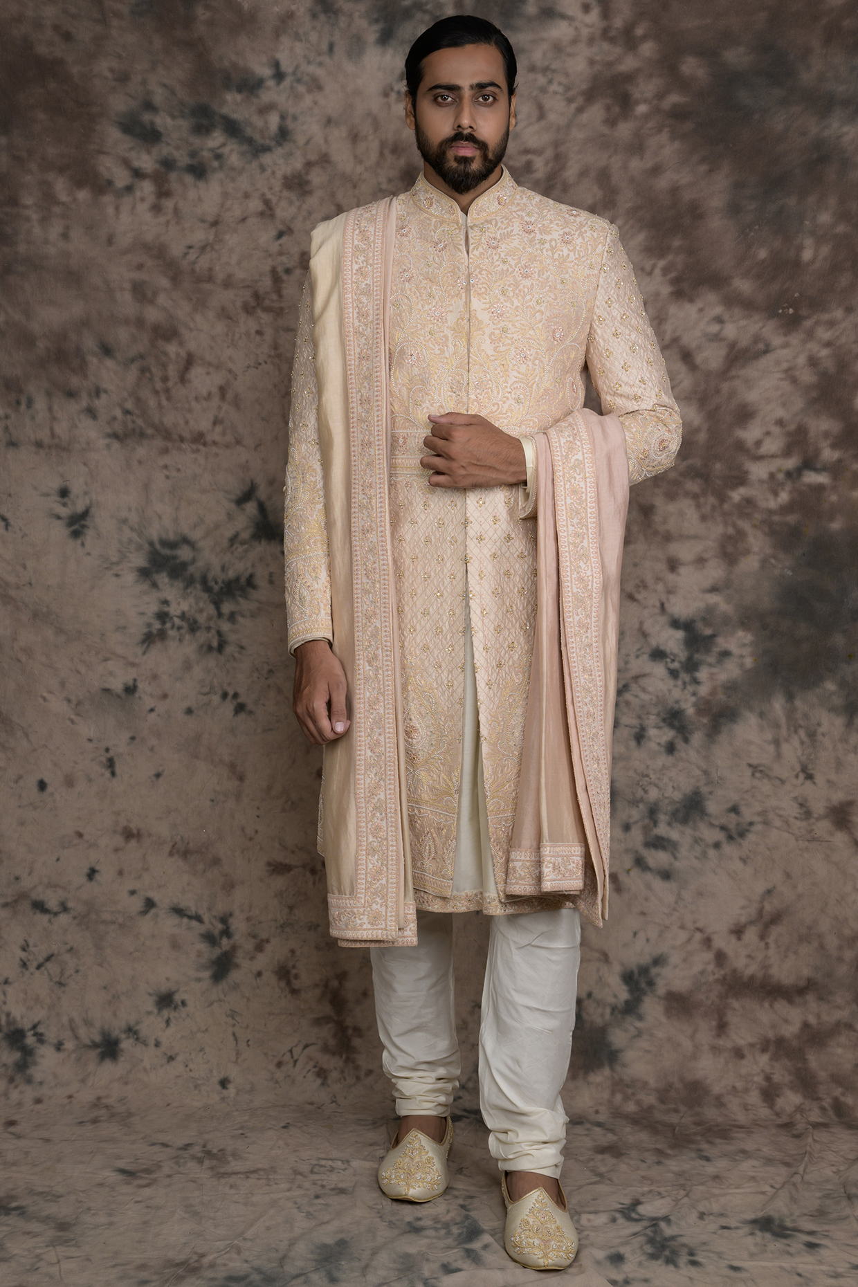 Peach Raw Silk Embroidered Sherwani Set by THE BLUES