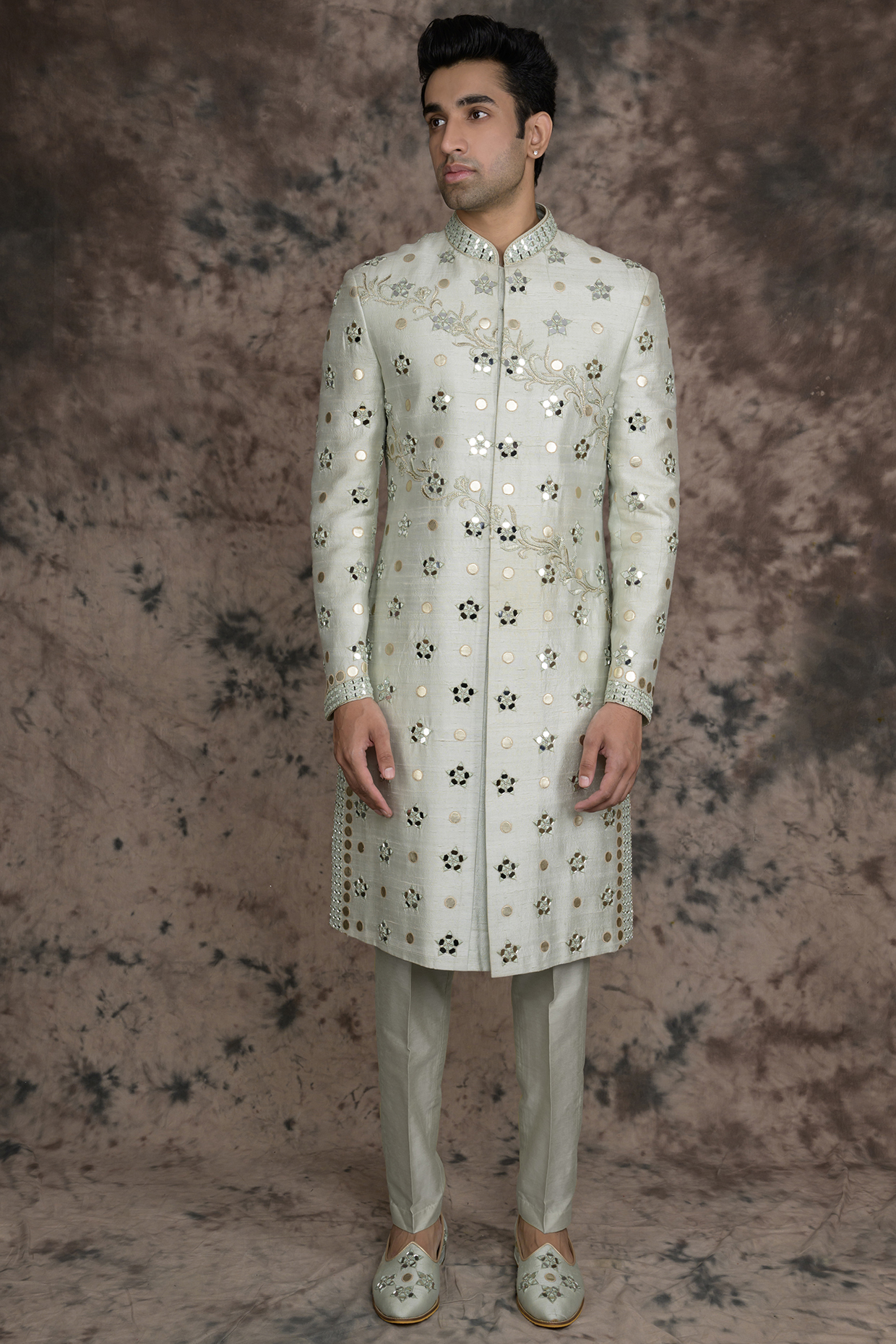 Sea Green Raw Silk Embroidered Sherwani Set by THE BLUES