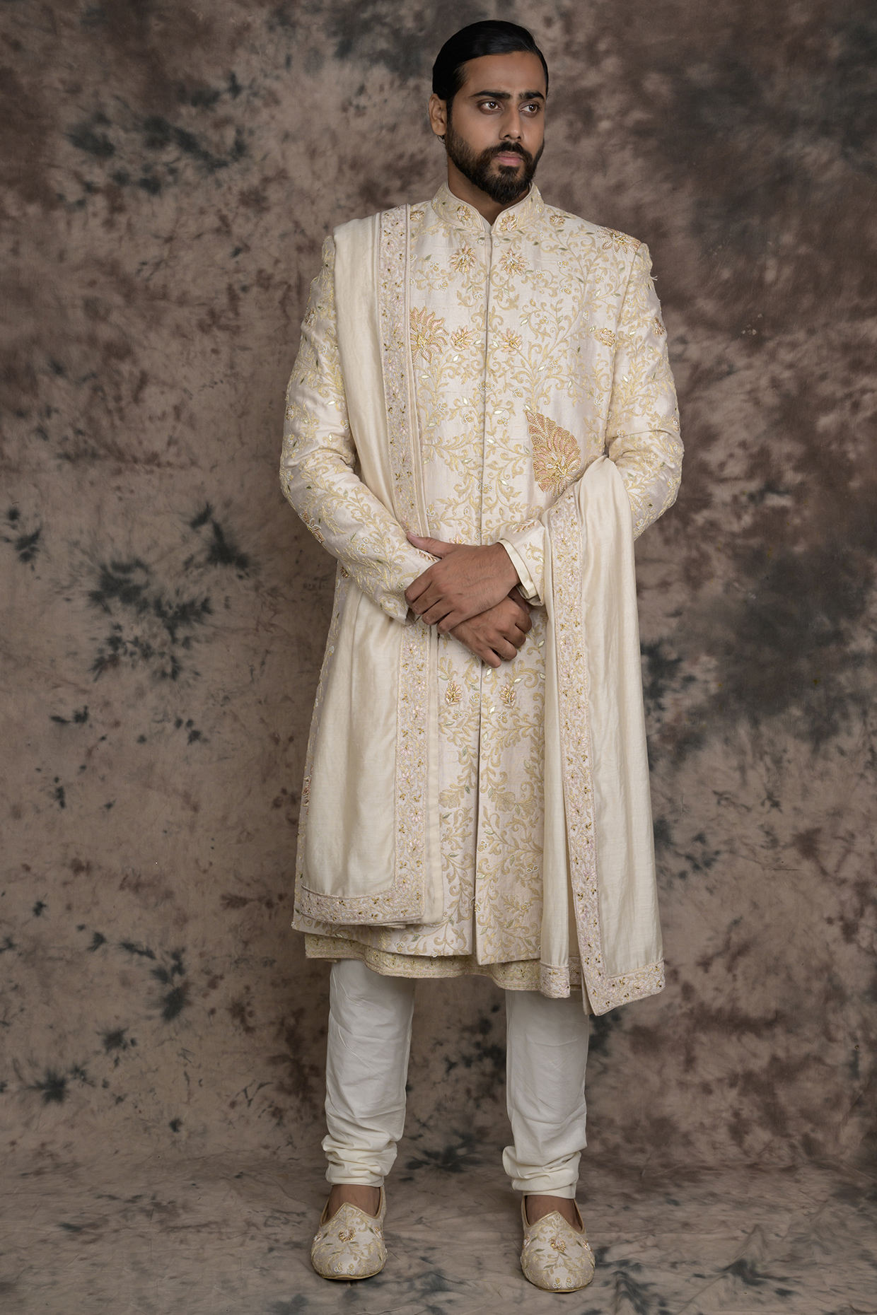 Light Peach Raw Silk Embroidered Sherwani Set by THE BLUES