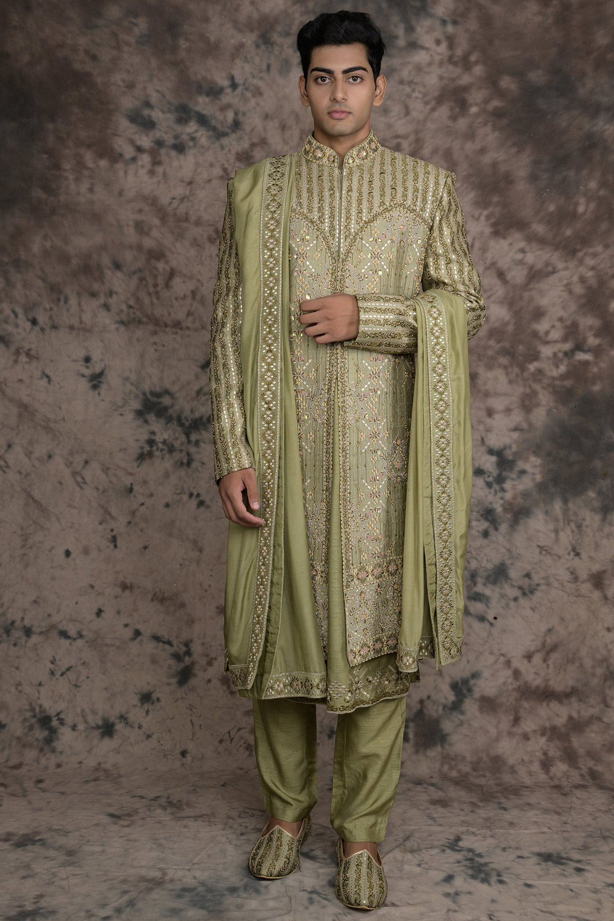 Green Raw Silk Embroidered Sherwani Set by THE BLUES