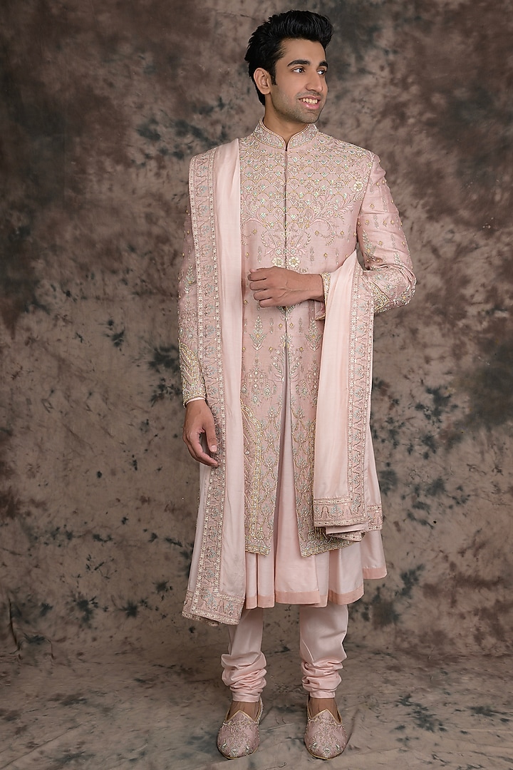 Pink Raw Silk Embroidered Sherwani Set by THE BLUES