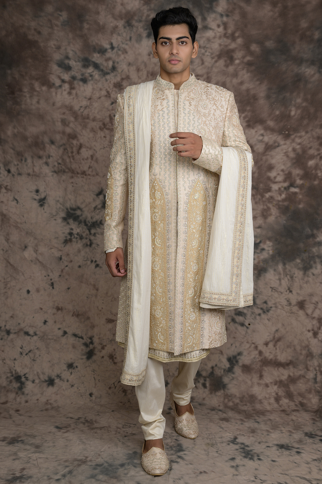 Peach Raw Silk Embroidered Sherwani Set by THE BLUES