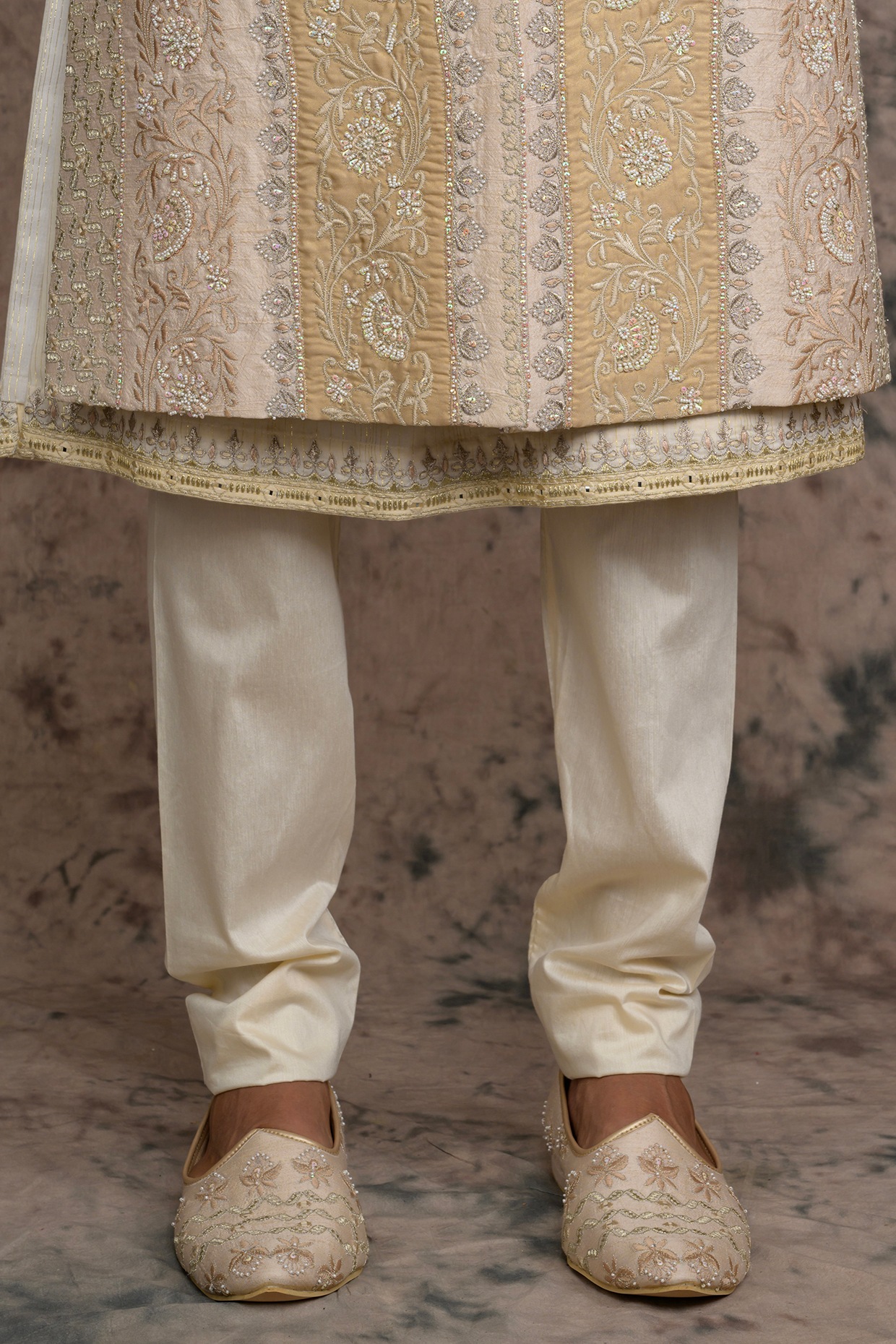 Peach Raw Silk Embroidered Sherwani Set Design by THE BLUES at 