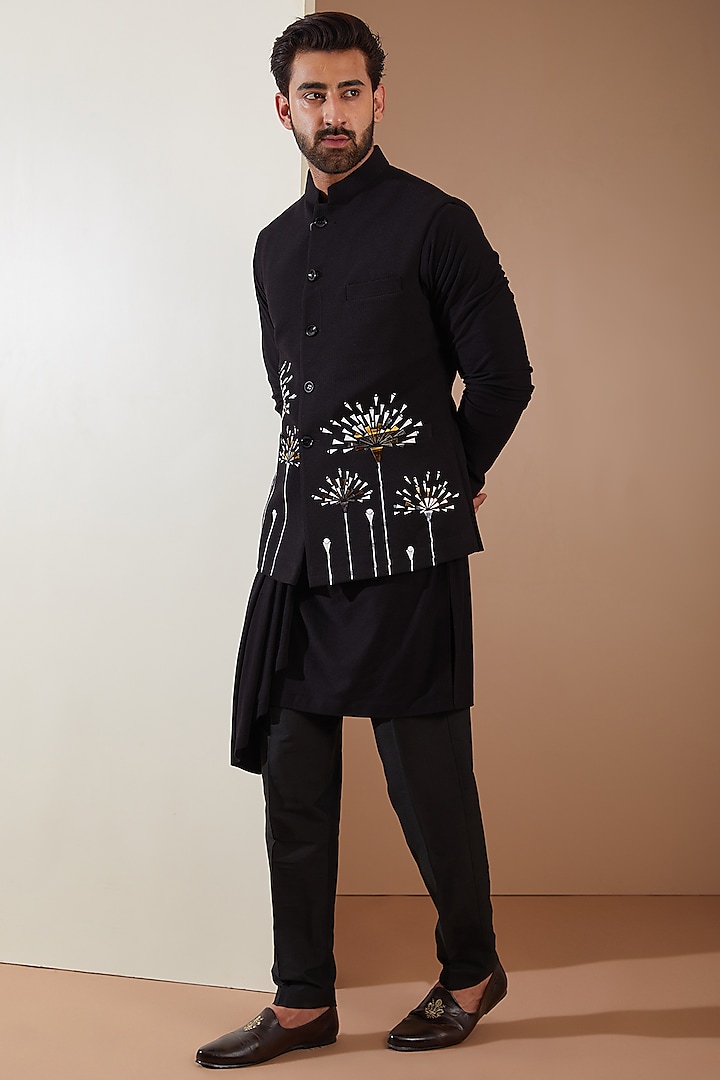 Black Hosiery Laser-Cut Applique Embellished Nehru Jacket Set by THE BLUES