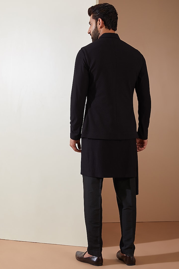 Black Hosiery Laser-Cut Applique Embellished Nehru Jacket Set by THE BLUES at Pernia's Pop Up Shop