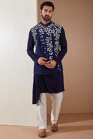 Blue Hosiery Laser-Cut Applique Embellished Nehru Jacket Set by THE BLUES