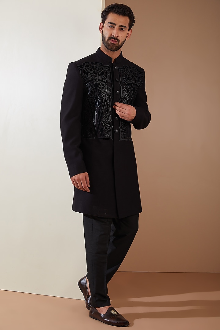 Black Hosiery Laser-Cut Applique Embroidered Sherwani Set by THE BLUES
