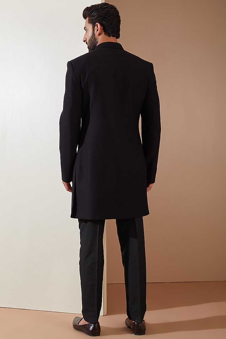 Black Hosiery Laser-Cut Applique Embroidered Wedding Sherwani Set by THE BLUES at Pernia's Pop Up Shop
