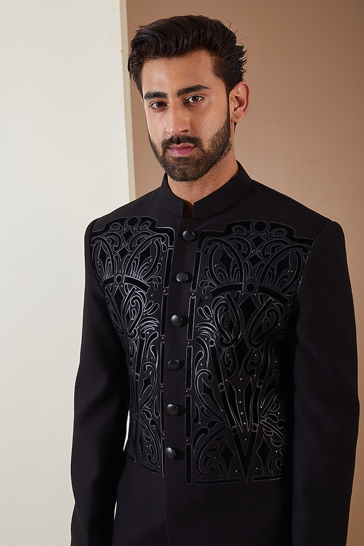 Black Hosiery Laser-Cut Applique Embroidered Wedding Sherwani Set by THE BLUES at Pernia's Pop Up Shop