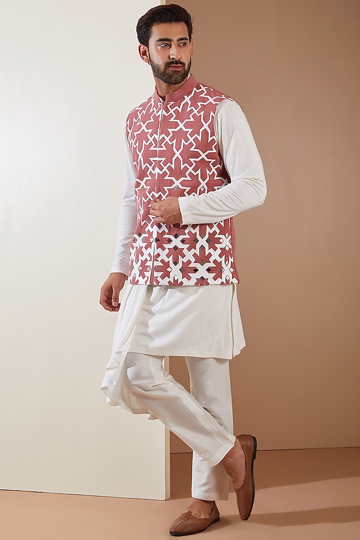 Pink Hosiery Laser-Cut Applique Embellished Nehru Jacket Set by THE BLUES