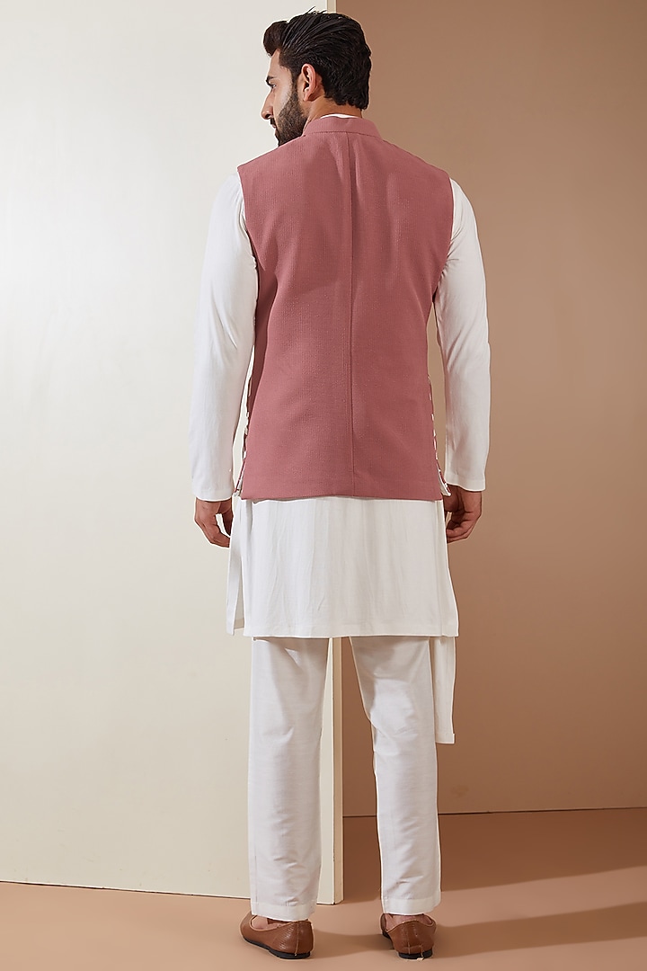 Pink Hosiery Laser-Cut Applique Embellished Nehru Jacket Set by THE BLUES at Pernia's Pop Up Shop