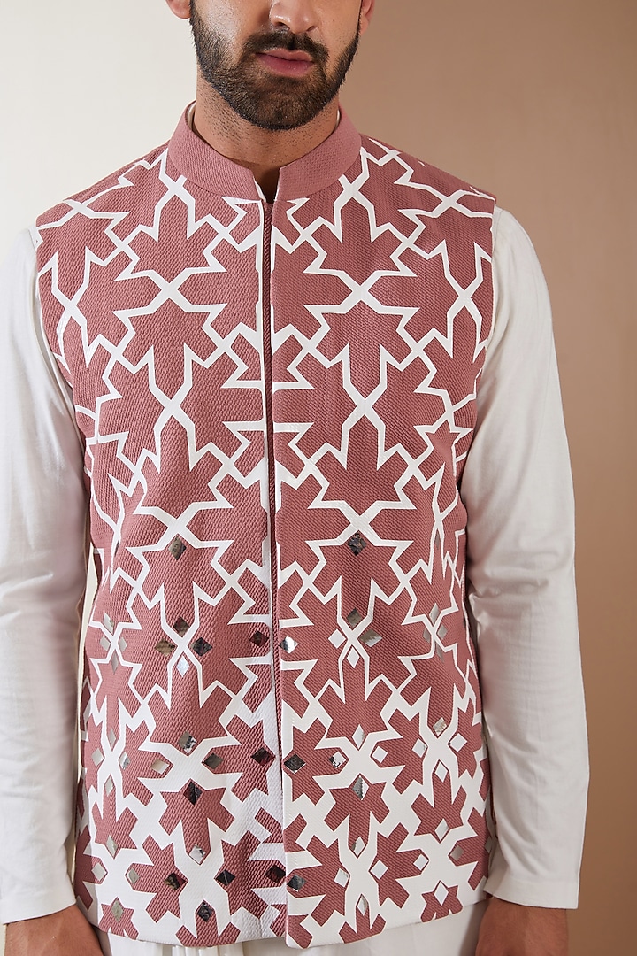 Pink Hosiery Laser-Cut Applique Embellished Nehru Jacket Set by THE BLUES at Pernia's Pop Up Shop
