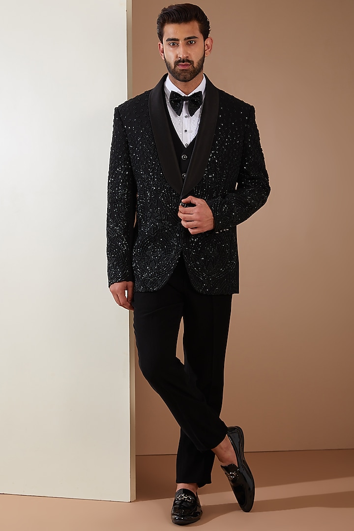 Black Japanese Fabric Cutdana Hand Embroidered Tuxedo Set by THE BLUES