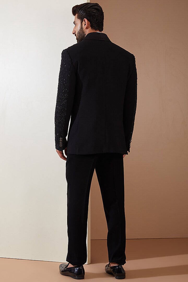 Black Japanese Fabric Cutdana Hand Embroidered Tuxedo Set by THE BLUES at Pernia's Pop Up Shop