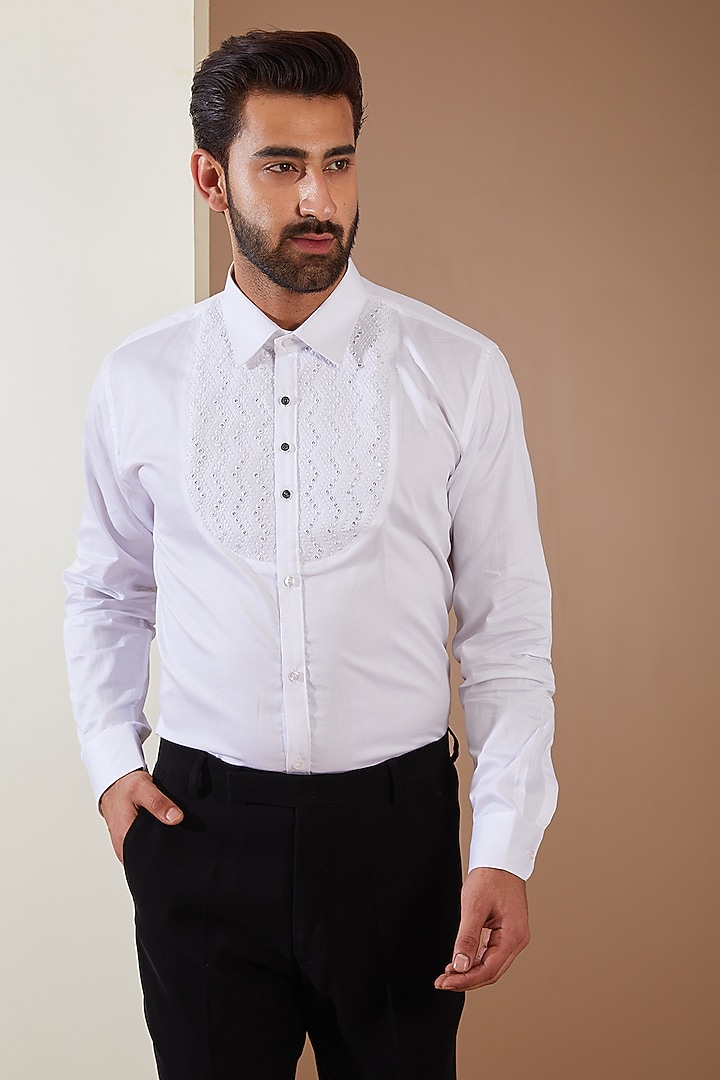 Black Japanese Fabric Cutdana Hand Embroidered Tuxedo Set by THE BLUES at Pernia's Pop Up Shop
