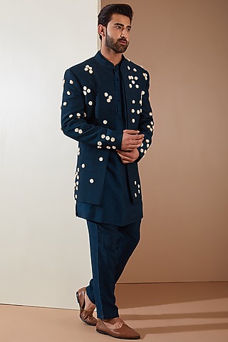 Blue Poly Dupion Silk Indo-Western Set by THE BLUES