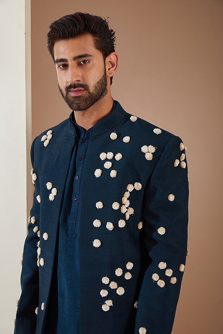 Blue Poly Dupion Silk Indo-Western Set by THE BLUES at Pernia's Pop Up Shop