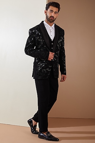 Black Japanese Fabric Cutdana Hand Embroidered Tuxedo Set by THE BLUES