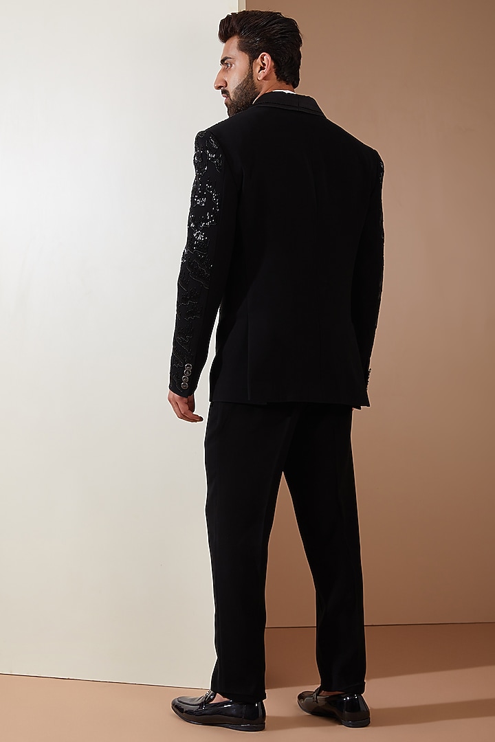 Black Japanese Fabric Cutdana Hand Embroidered Tuxedo Set by THE BLUES at Pernia's Pop Up Shop