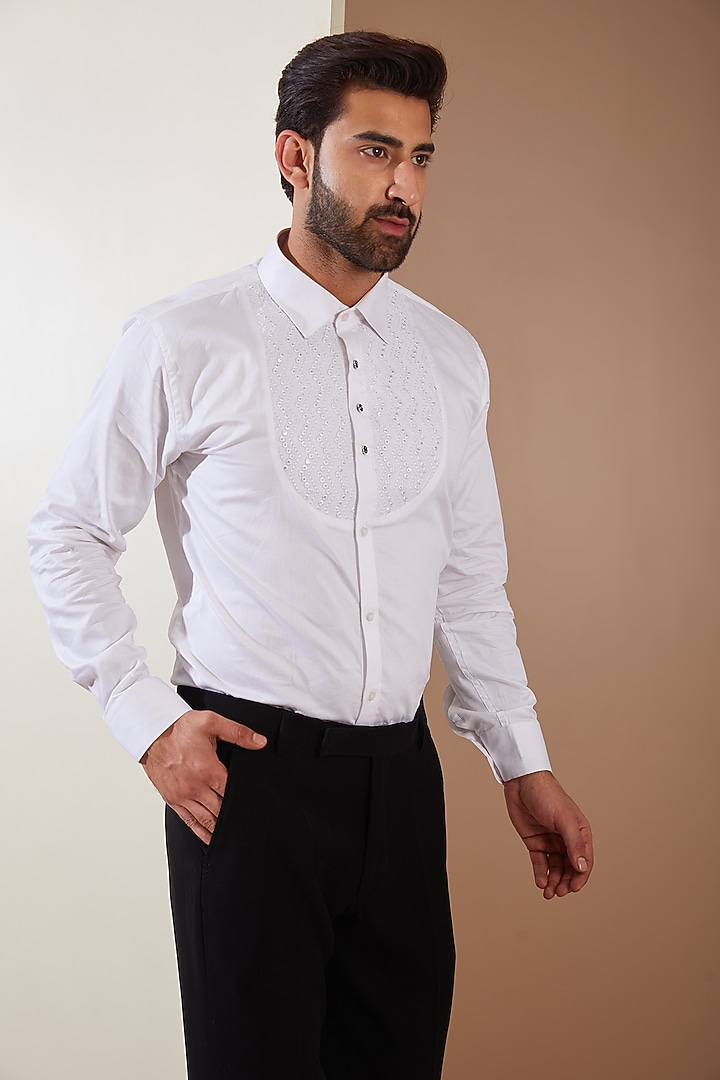 Black Japanese Fabric Cutdana Hand Embroidered Tuxedo Set by THE BLUES at Pernia's Pop Up Shop
