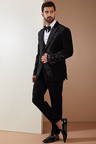 Black Japanese Fabric Cutdana Hand Embroidered Tuxedo Set by THE BLUES