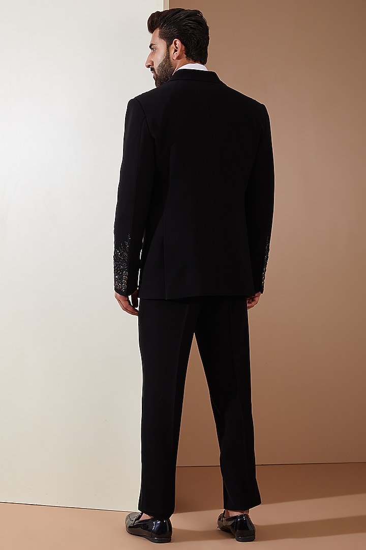 Black Japanese Fabric Cutdana Hand Embroidered Tuxedo Set by THE BLUES at Pernia's Pop Up Shop