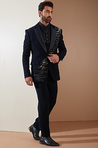 Blue Japanese Fabric Cutdana Hand Embroidered Tuxedo Set by THE BLUES