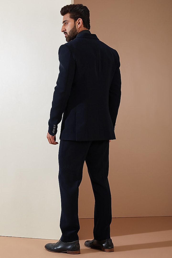 Blue Japanese Fabric Cutdana Hand Embroidered Tuxedo Set by THE BLUES at Pernia's Pop Up Shop