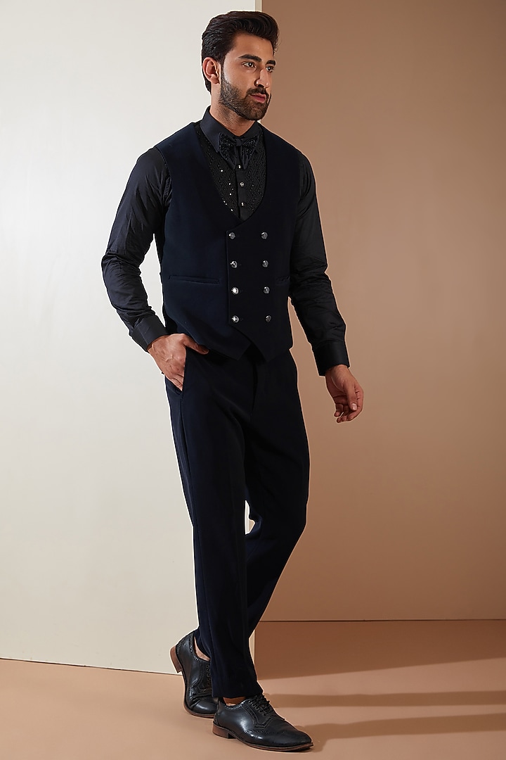 Blue Japanese Fabric Cutdana Hand Embroidered Tuxedo Set by THE BLUES at Pernia's Pop Up Shop
