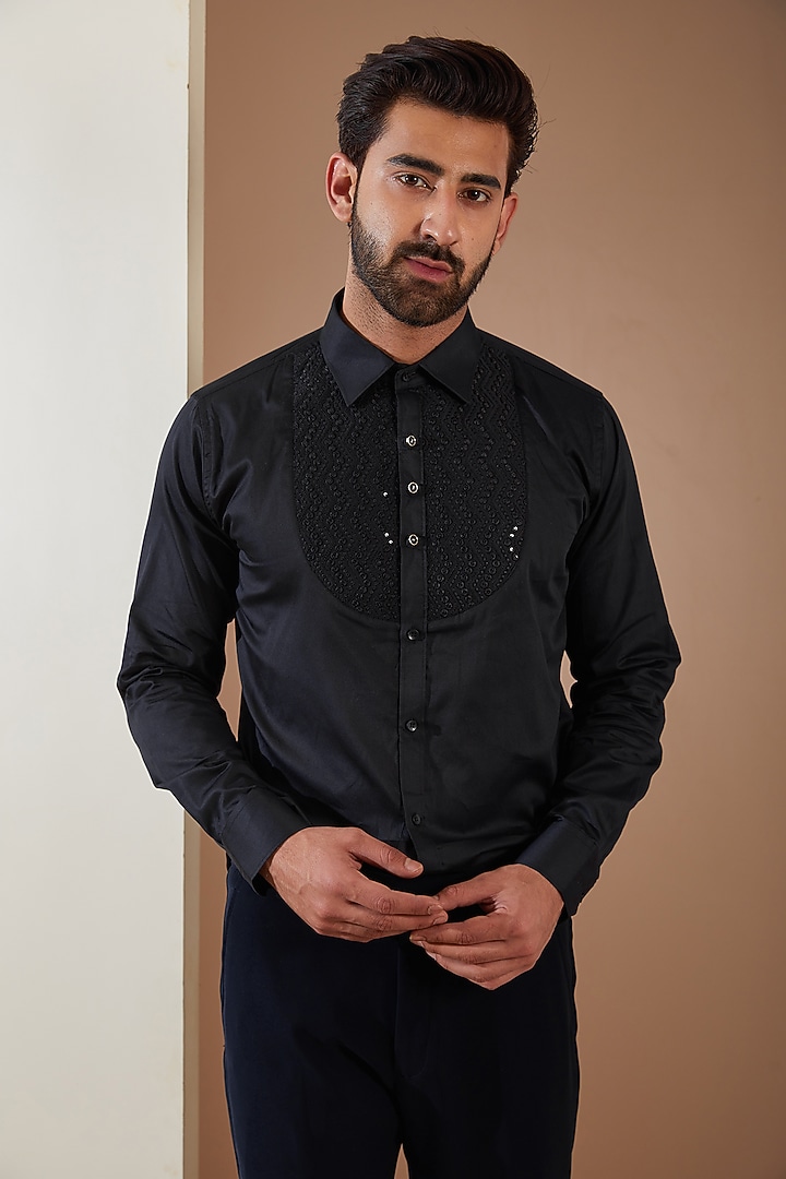 Blue Japanese Fabric Cutdana Hand Embroidered Tuxedo Set by THE BLUES at Pernia's Pop Up Shop
