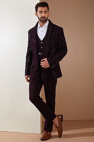 Wine Japanese Fabric Cutdana Hand Embroidered Tuxedo Set by THE BLUES