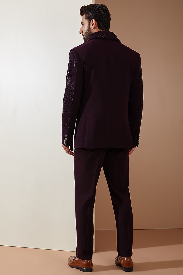 Wine Japanese Fabric Cutdana Hand Embroidered Tuxedo Set by THE BLUES at Pernia's Pop Up Shop