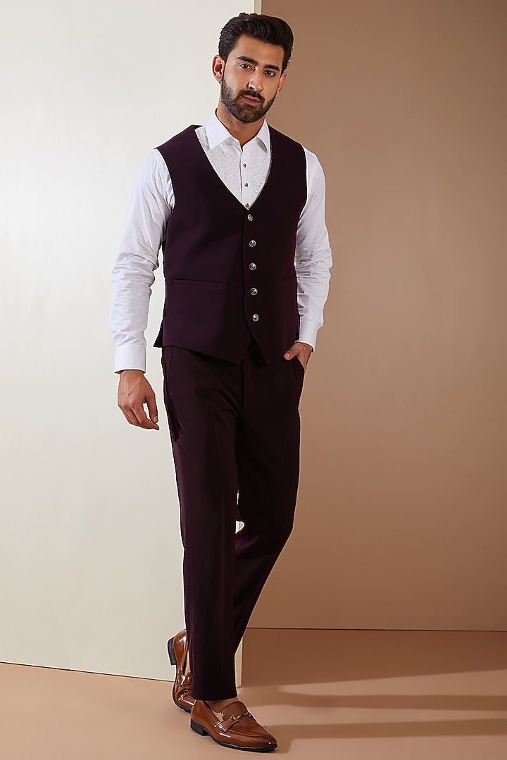 Wine Japanese Fabric Cutdana Hand Embroidered Tuxedo Set by THE BLUES at Pernia's Pop Up Shop