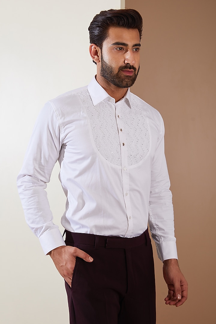 Wine Japanese Fabric Cutdana Hand Embroidered Tuxedo Set by THE BLUES at Pernia's Pop Up Shop