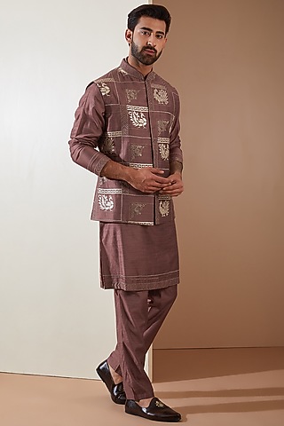 Pink Poly Silk Leather Embroidered Nehru Jacket Set by THE BLUES