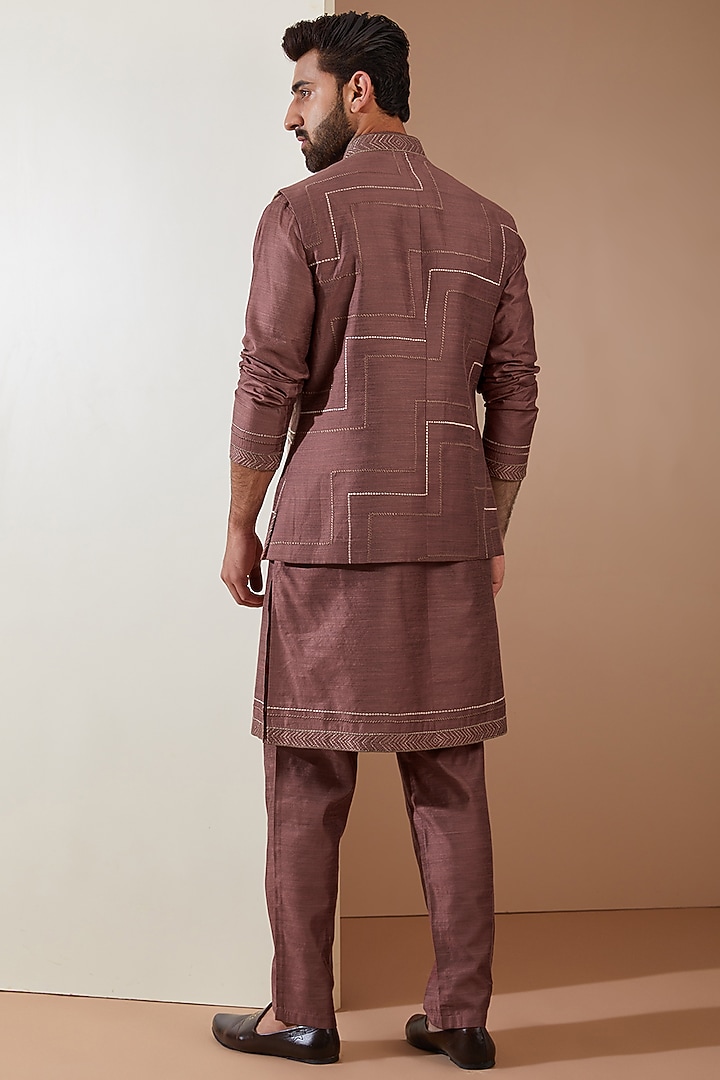 Pink Poly Silk Leather Embroidered Nehru Jacket Set by THE BLUES at Pernia's Pop Up Shop