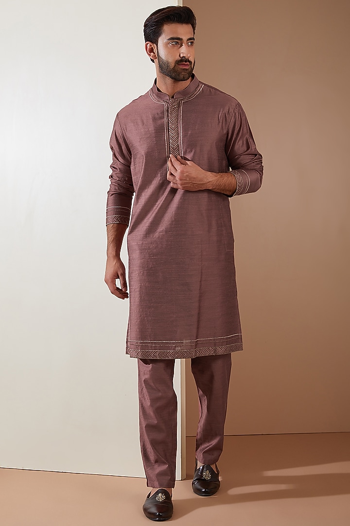 Pink Poly Silk Leather Embroidered Nehru Jacket Set by THE BLUES at Pernia's Pop Up Shop