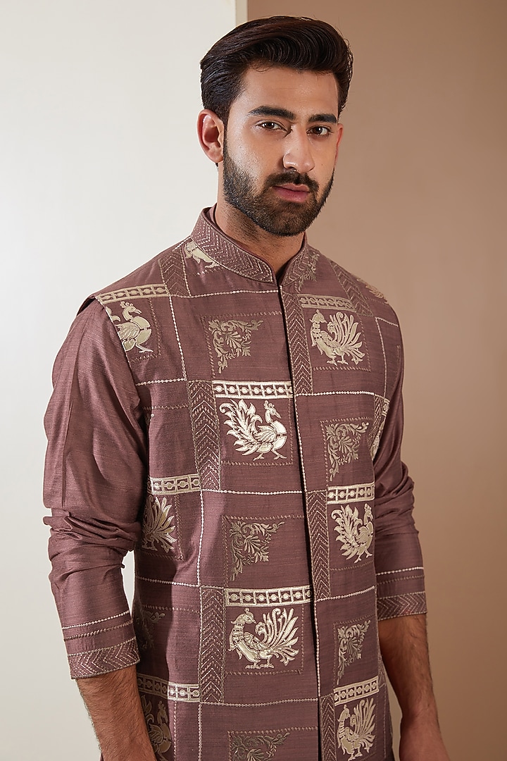 Pink Poly Silk Leather Embroidered Nehru Jacket Set by THE BLUES at Pernia's Pop Up Shop